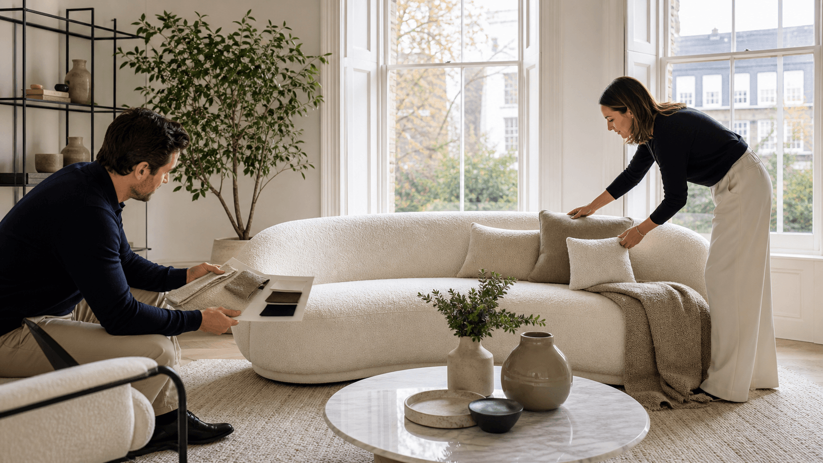 Cream boucle sofa in a bright modern living room, with neutral cushions, wooden coffee table, and soft daylight