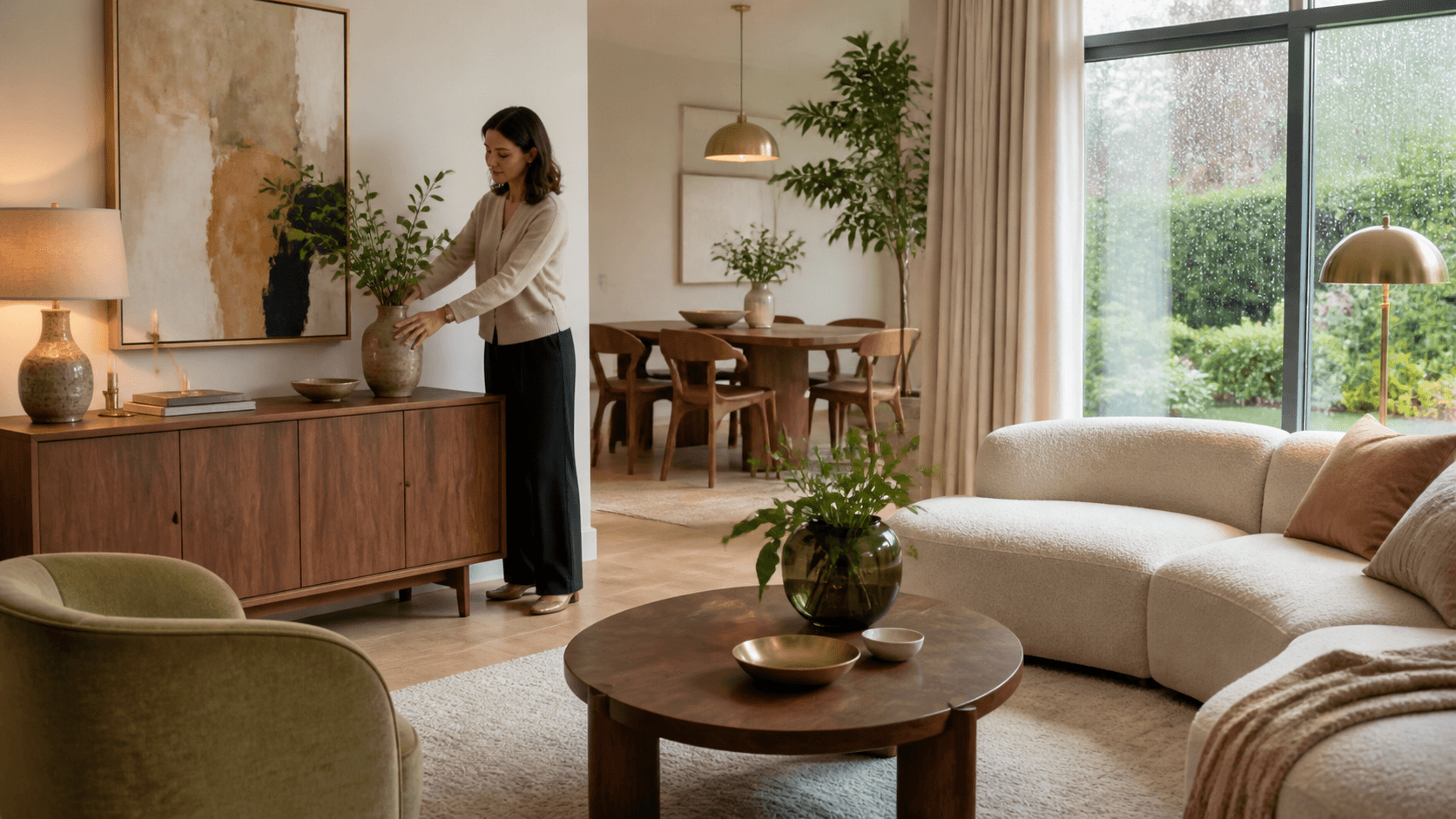 Warm modern living room with walnut furniture, cream sofa, soft lighting and large windows.