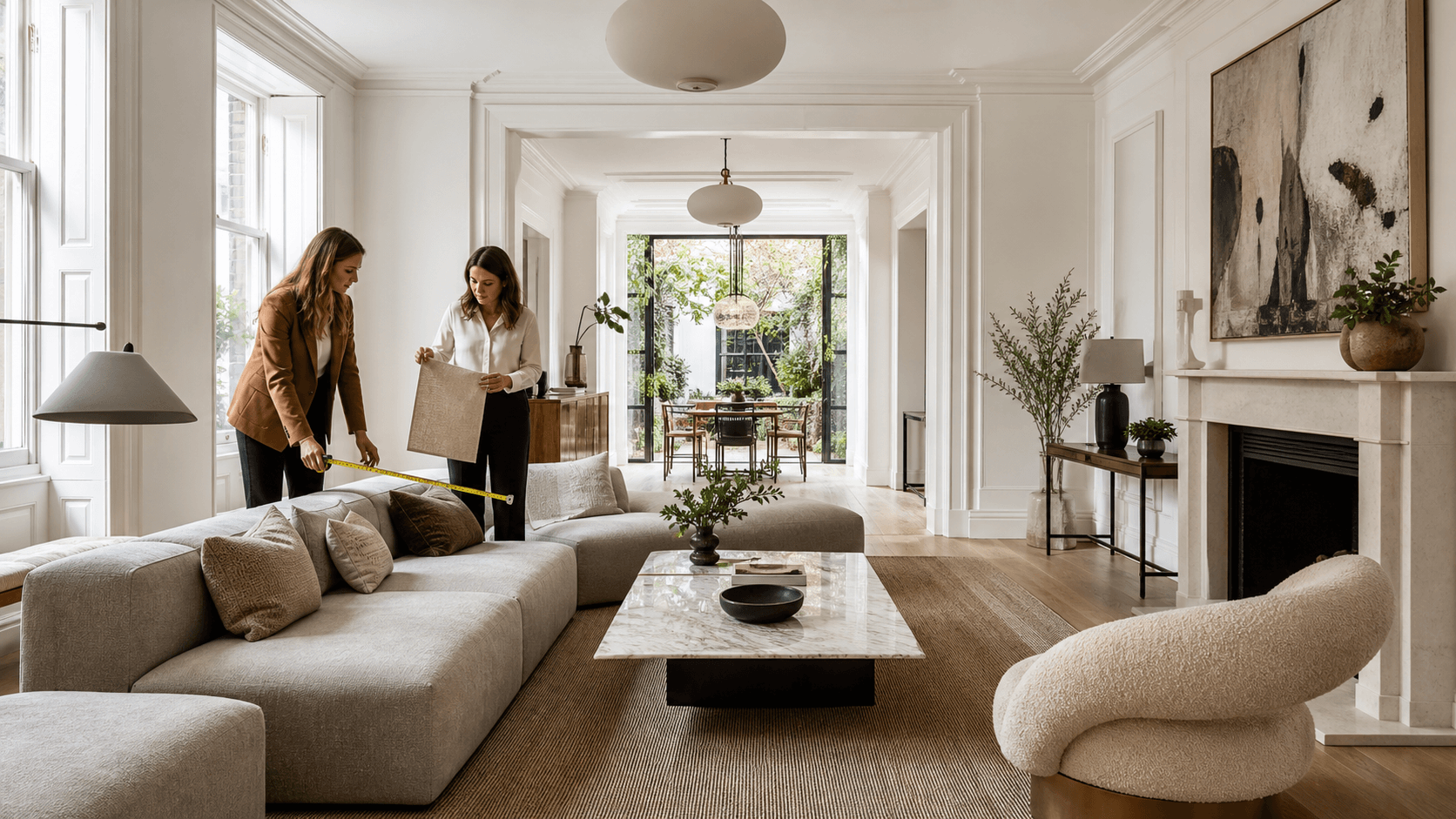 Sunlit modern townhouse living room with a sleek sofa, sculptural chairs, and tall windows overlooking a city street.