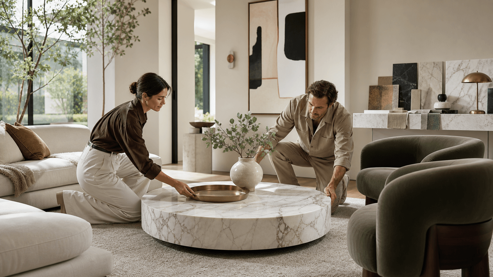 Sunlit modern living room with a white marble coffee table centerpiece, neutral sofa, and gold accents.