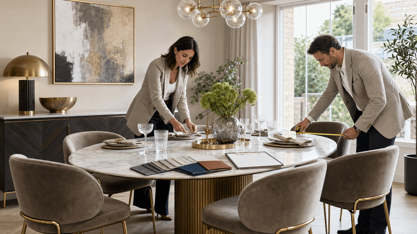 Elegant dining room with marble table, velvet chairs, brass pendant lights, and soft neutral tones