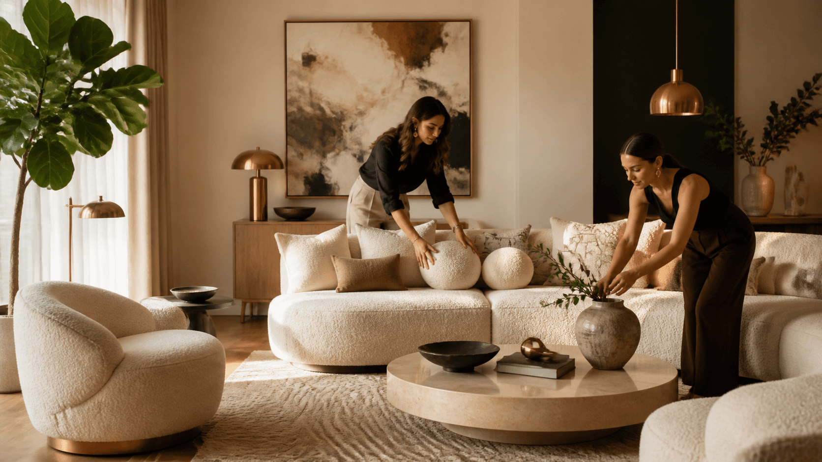 Elegant modern living room with a cream corner sofa, marble coffee table, warm lighting, and neutral décor.