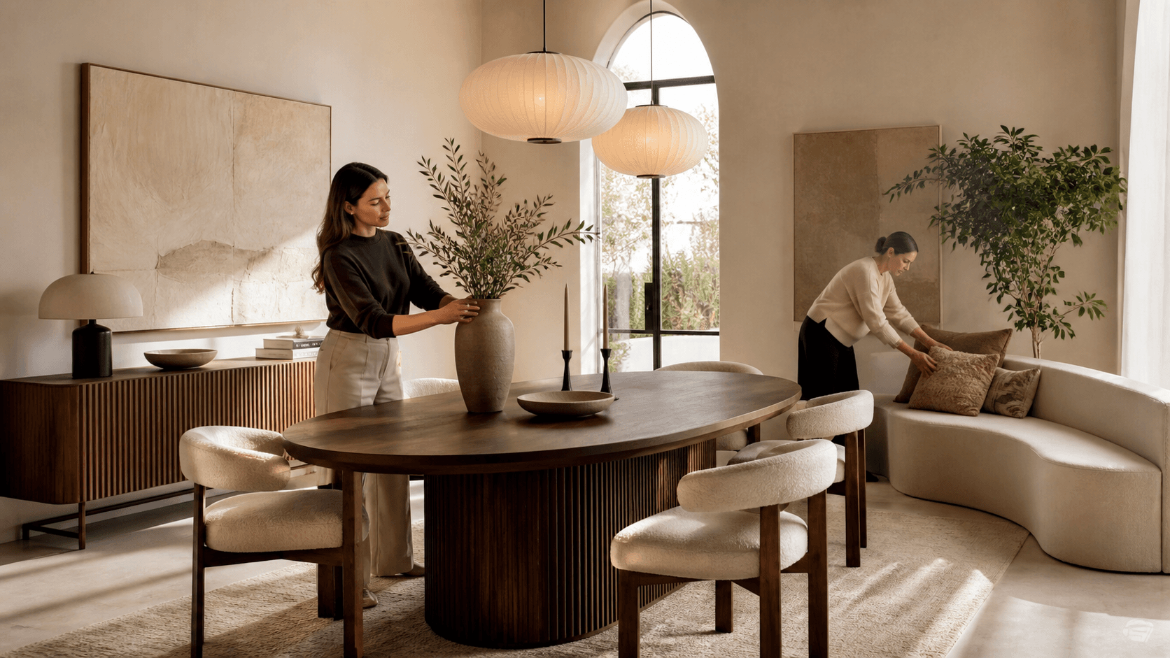 Sunlit modern dining room with a sculptural wood table, black chairs, and neutral décor.