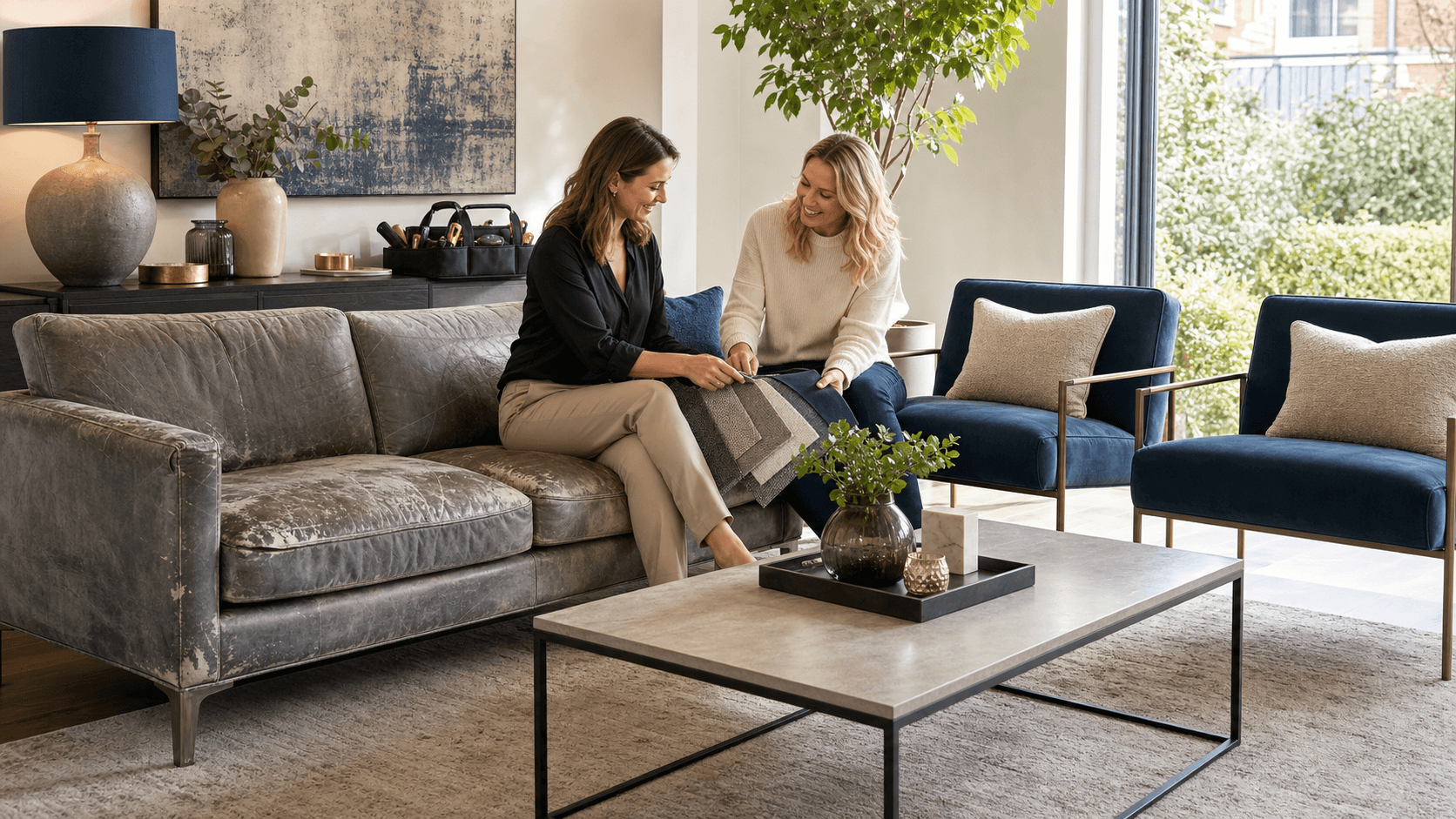 Sunlit modern living room with gray sofa, worn coffee table, muted decor, and scuffed hardwood floors.