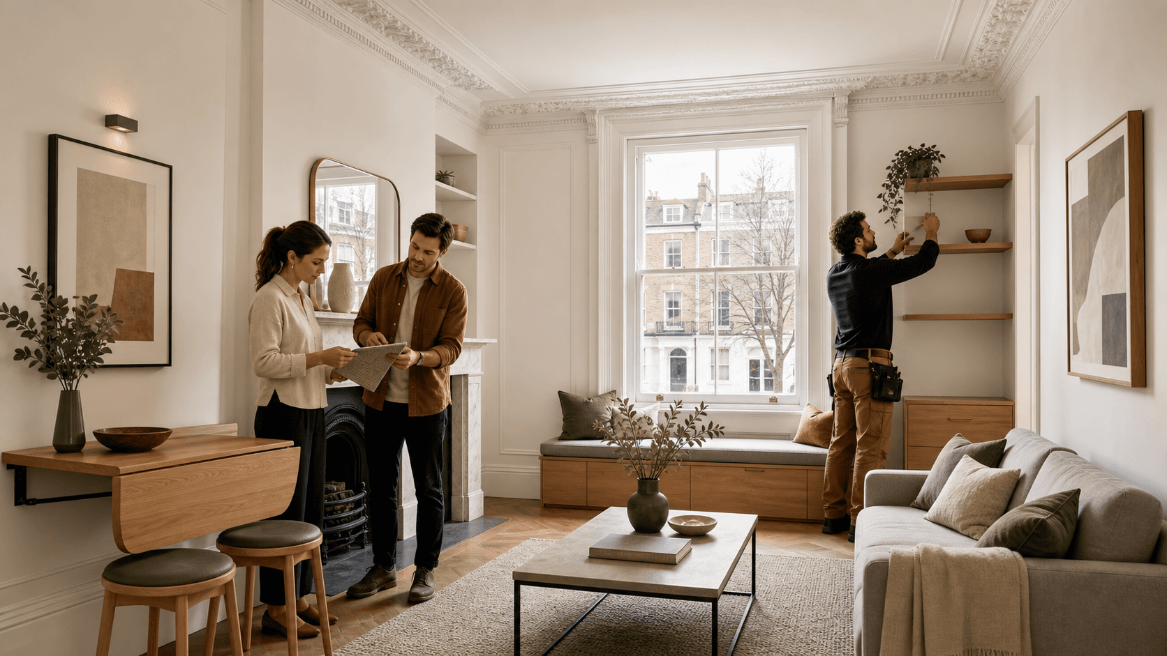 Sunlit modern living room with sleek sofa, compact table, built-in shelving, and tall sash windows in neutral tones.