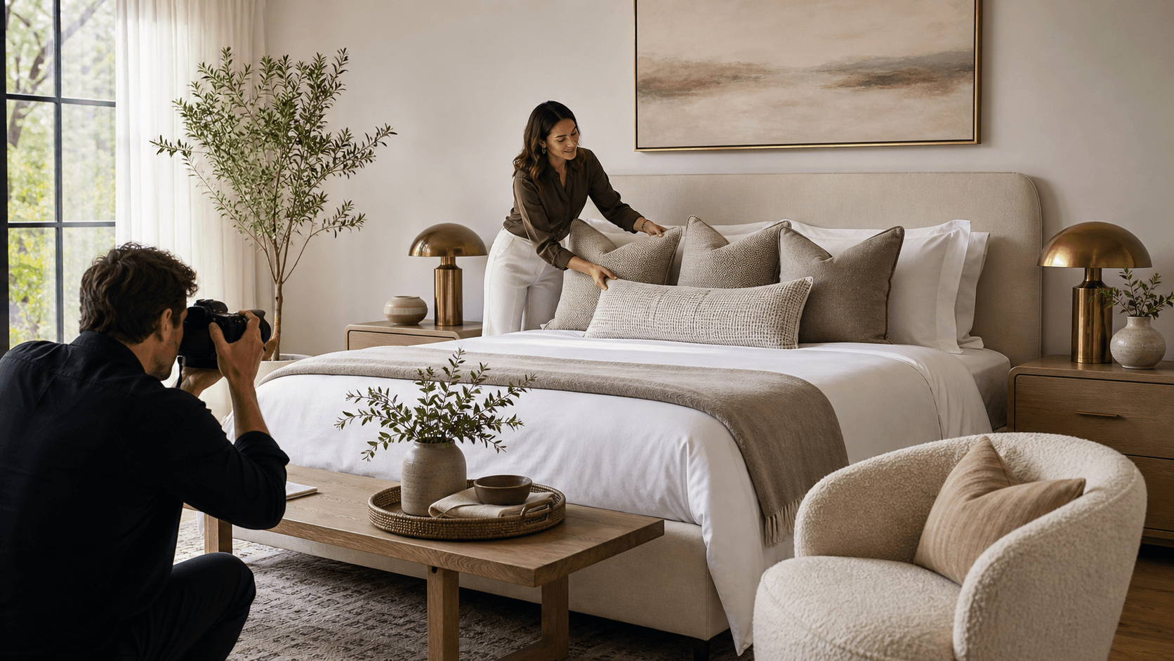 Sunlit modern bedroom with sleek platform bed, crisp white linens, neutral decor, and warm wood accents