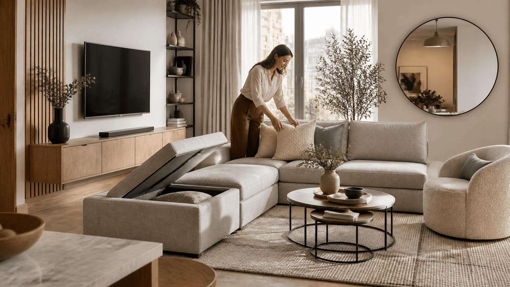Bright modern living room with compact gray sofa, glass coffee table, and warm natural light.