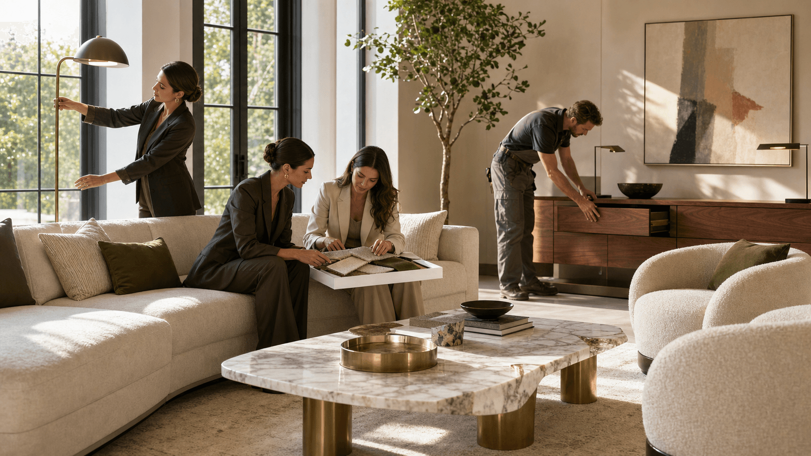 Sunlit modern living room with sleek white sofa, marble coffee table, and gold accents against a neutral backdrop